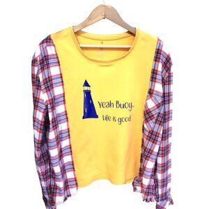 Upcycled Graphic Tee Flannel Sleeves, S-M: Oversized Lighthouse Pullover Shirt